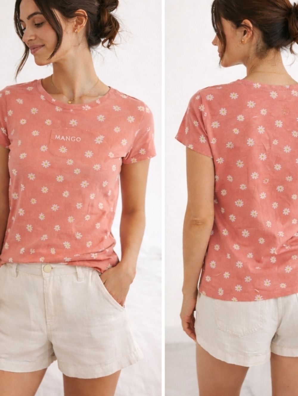 Mango Daisy Print Tee Floral Soft Girl Top Pink XS Relaxed Fit